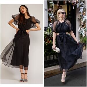 Cynthia Rowley Clara Black Organza Midi Dress XS Puff Sleeve Cutout